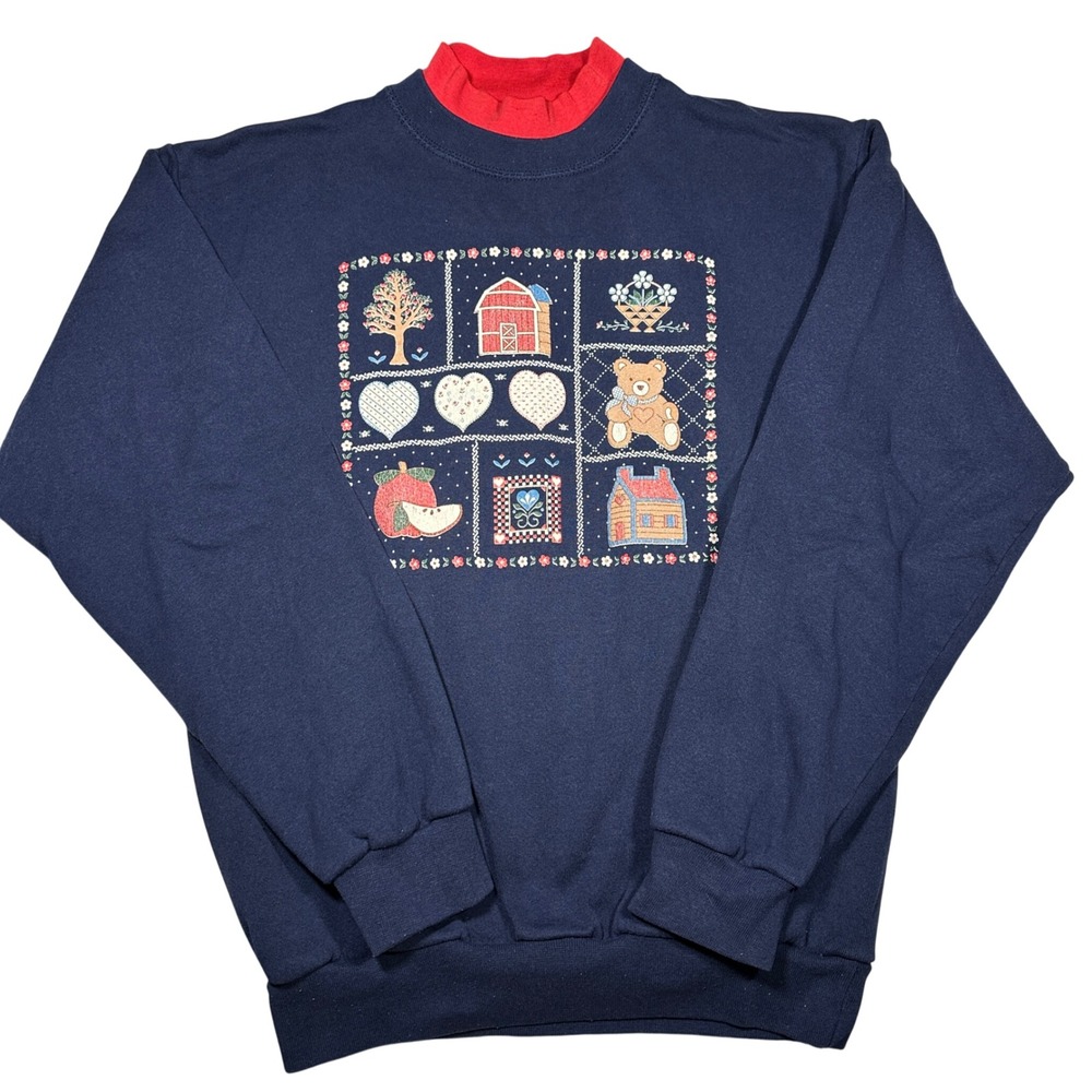 Vintage 80s Santee by Pluma Sweatshirt Navy Red Double Collar Crewneck Bear Barn